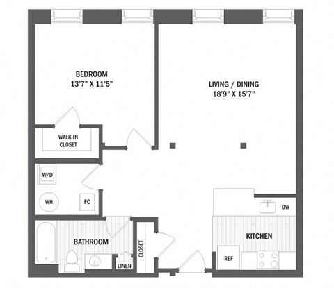Floor plan for 1 bed, 1 bath, 763 sqft